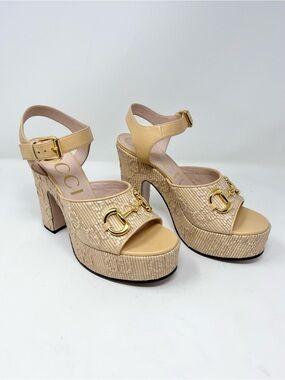 Gucci Baby Horsebit Platform Sandal GG Embossed Raffia Cream size 40 EU 10 US